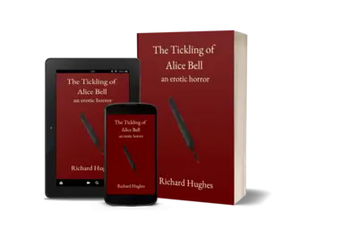 The Tickling of Alice Bell by Richard Hughes book cover with black feather used for tickling.